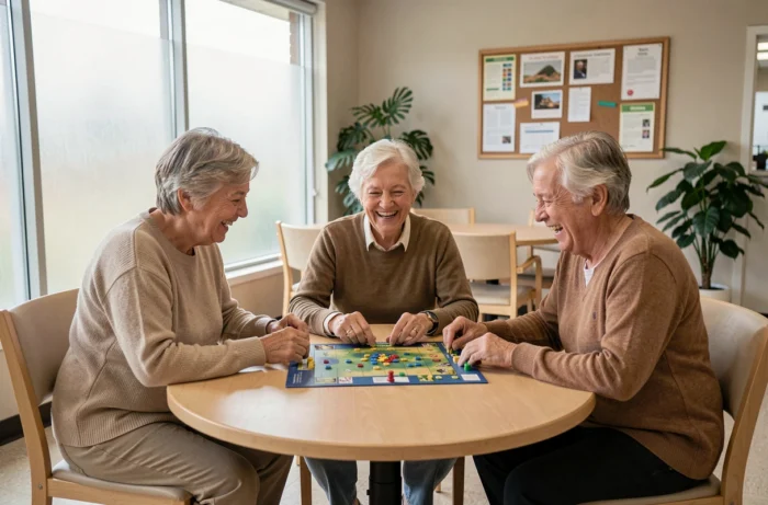 Groupe de seniors jouant à un jeu de société en riant dans un centre communautaire lumineux