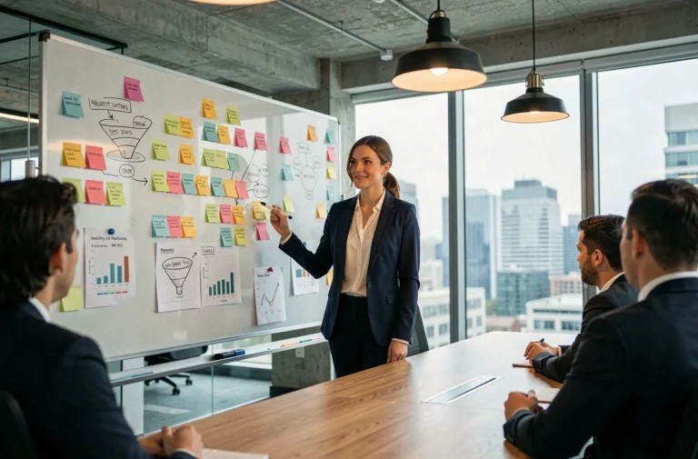Stratège marketing féminine présentant une campagne 2024 sur tableau blanc dans un bureau moderne