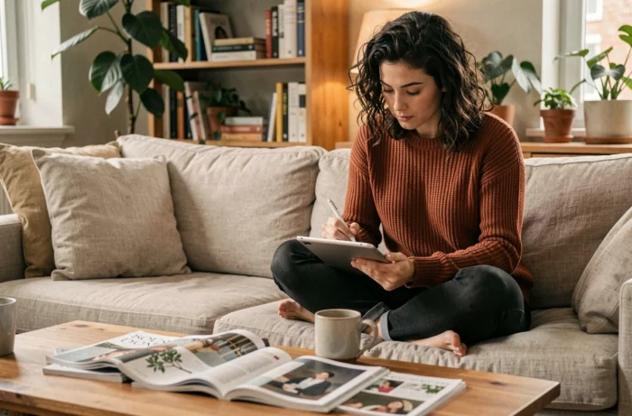 Jeune femme en pull rouille écrivant une suggestion à une équipe éditoriale sur une tablette depuis son salon