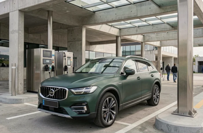 SUV à hydrogène stationné devant une station de recharge futuriste, symbole des nouvelles technologies automobiles durables