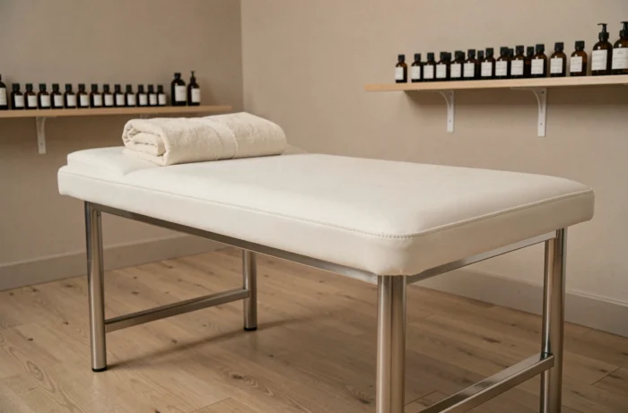 Table de massage moderne avec revêtement blanc et cadre en aluminium dans un studio bien-être minimaliste