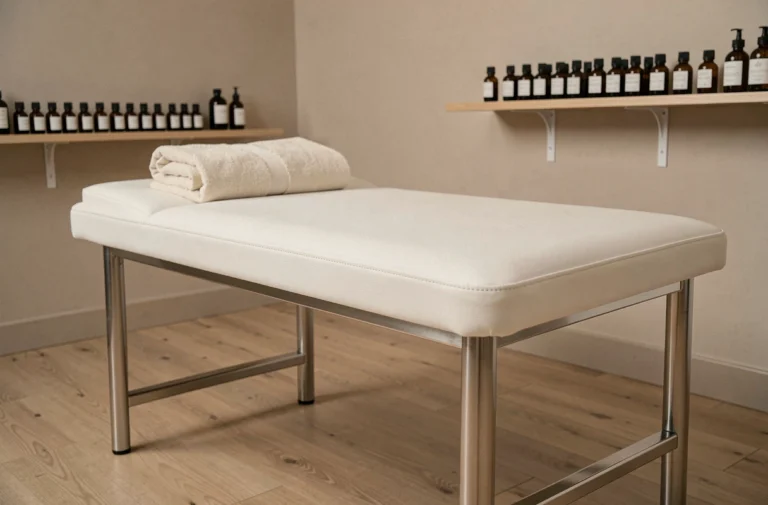 Table de massage moderne avec revêtement blanc et cadre en aluminium dans un studio bien-être minimaliste