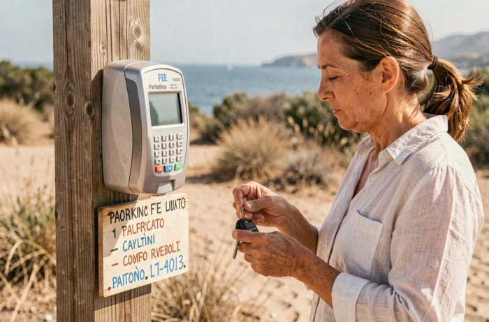 Femme lisant le panneau tarifaire à l'entrée du parking de la plage La Pelosa à Stintino en Sardaigne