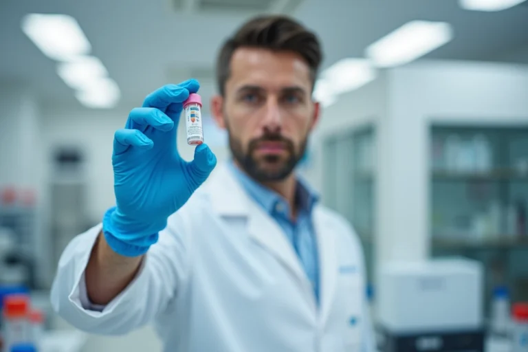 Technicien de laboratoire tenant un tube de collecte de test salivaire dans un laboratoire médical moderne