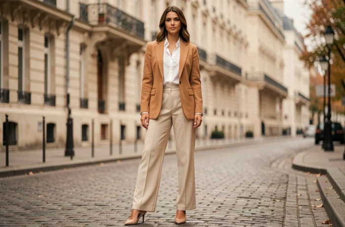Femme élégante en blazer camel et pantalon large ecru dans une rue pavée parisienne, tendances mode féminine automne