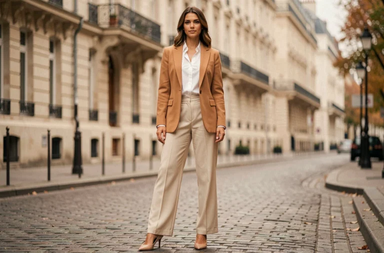 Femme élégante en blazer camel et pantalon large ecru dans une rue pavée parisienne, tendances mode féminine automne