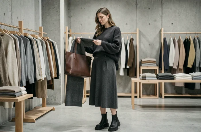 Jeune femme en look monochrome gris anthracite parcourant les rayons d'une boutique de mode minimaliste, tendances mode féminine actuelle
