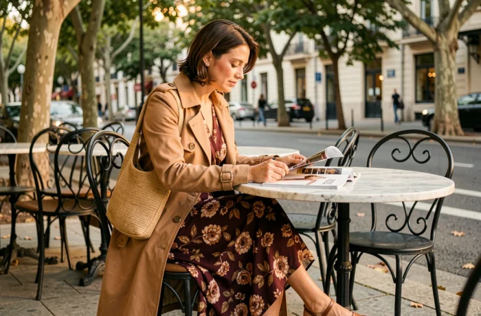Femme en robe fleuri et trench coat beige attablée en terrasse de café, tendances mode féminine printemps été