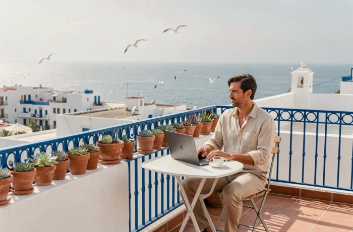 Terrasse d'appartement en location longue durée à Essaouira avec vue sur l'Atlantique et homme au travail