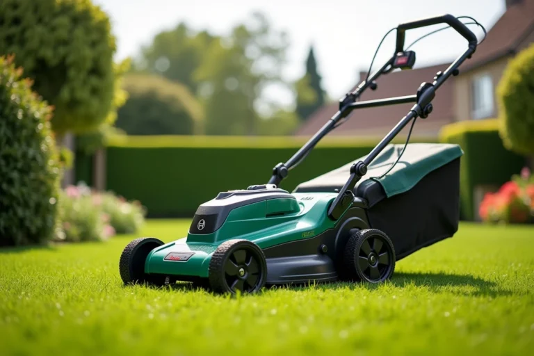 Tondeuse Bosch AdvancedRotak 770 vue de trois quarts sur une pelouse résidentielle soigneusement entretenue