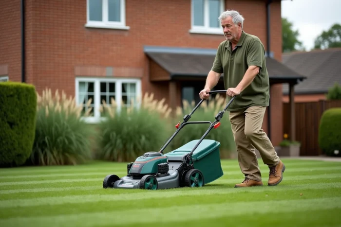 Homme utilisant la tondeuse Bosch AdvancedRotak 770 pour tondre une pelouse rayée devant une maison en briques