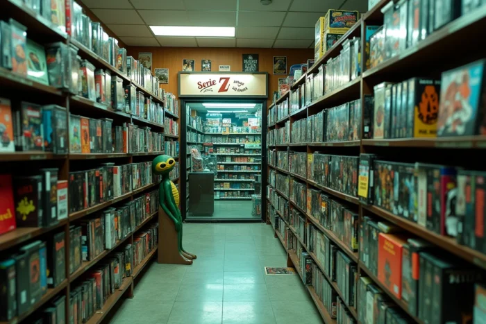 Intérieur d'un vidéoclub vintage spécialisé dans les films de série B et Z avec rayonnages de cassettes VHS aux pochettes kitsch