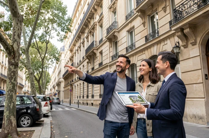 Couple visitant un immeuble haussmannien à Paris avec un agent immobilier pour un achat rentable