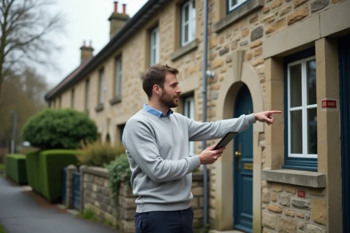 Homme consultant une tablette devant une maison à vendre dans un quartier résidentiel calme