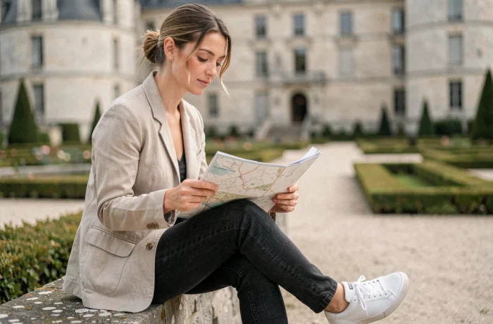 Femme consultant une carte des jardins de Chambord assise sur un muret de pierre à l'entrée du parc
