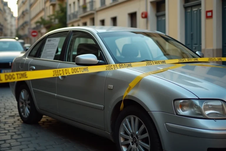 Voiture sous scellé judiciaire avec ruban officiel et avis apposé sur le pare-brise dans une rue française
