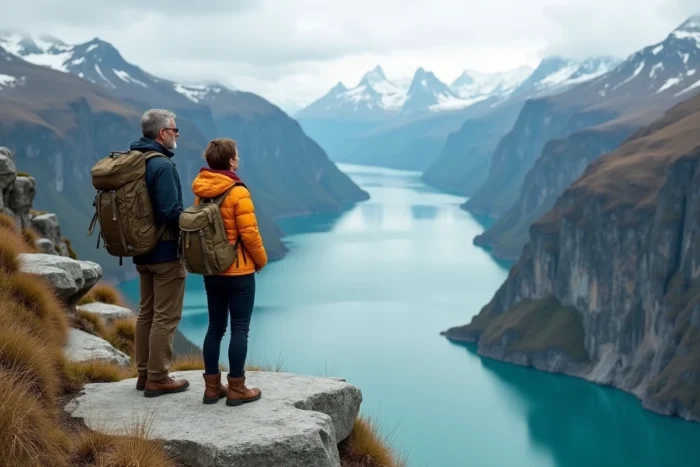 Couple de voyageurs au bord d'une falaise en Patagonie lors d'une aventure sur mesure