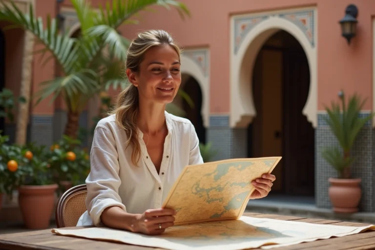 Femme consultant une carte artisanale dans un riad marocain lors d'un voyage sur mesure