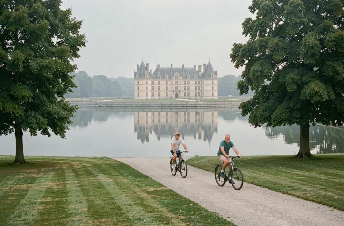 Vue panoramique du château de Chambord avec deux cyclistes longeant le canal au petit matin en été